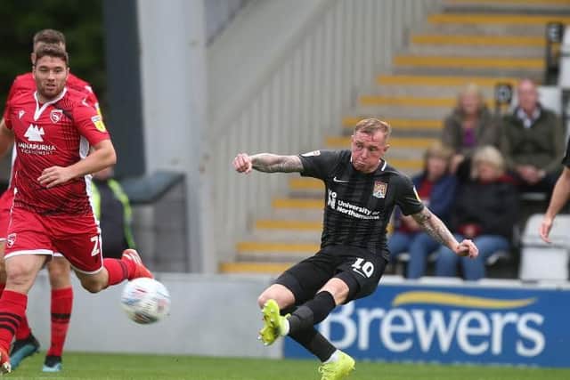 Nicky Adams was unlucky to see this effort come back off the crossbar. Picture: Pete Norton
