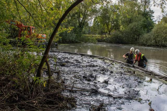 Workers are on site while diggers dredge the lake of silt to make into new habitats.