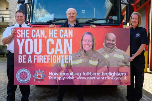 Northamptonshire Fire and Rescue Service chief fire officer Darren Dovey, police, fire and crime commissioner Stephen Mold and firefighter Natasha Dorrill promote the recruitment drive