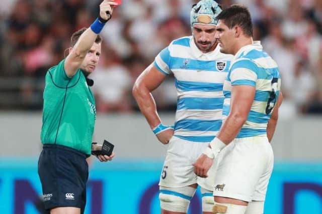Argentina's Tomas Lavanini was sent off for a high tackle on Owen Farrell in the first half of his country's World Cup clash with England