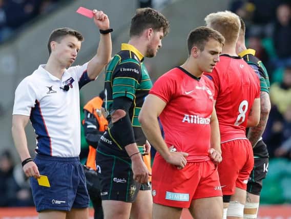 Saracens replacement Charlie Watson saw red after kicking Andy Symons in the head