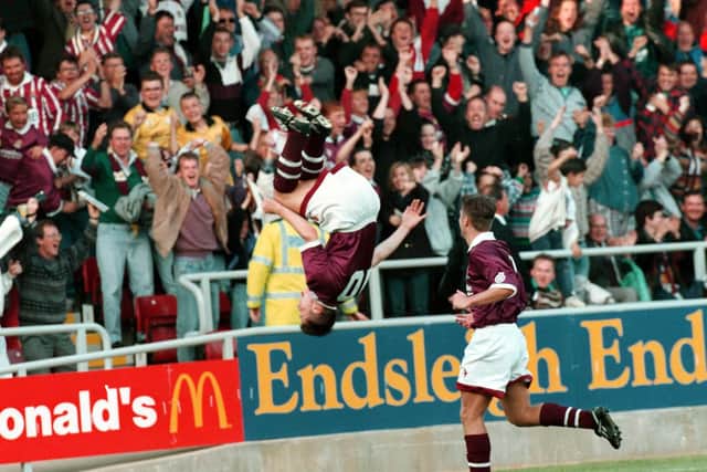 Martin Aldridge celebrates with a spectacular somersault after scoring the first Cobblers goal at Sixfields, in a 1-1 draw with Barnet, on October 15, 1994 (Pictures: Pete Norton)