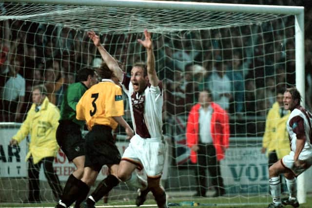 Trailing 3-1 from the first-leg, goals for Carl Heggs, Ian Clarkson (pictured) and Ray Warburton saw Town turn it round - arguably the best atmosphere the ground has ever seen