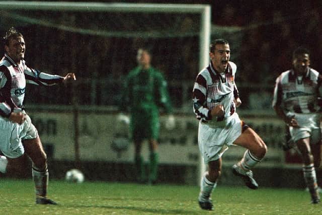 Sean Parrish's goal (pictured) had Town in front, but two from Chris Armstrong and Sol Campbell strike saw Spurs win it. Tottenham team included future Town bosses Colin Calderwood and Justin Edinburgh, as well as David Ginola
