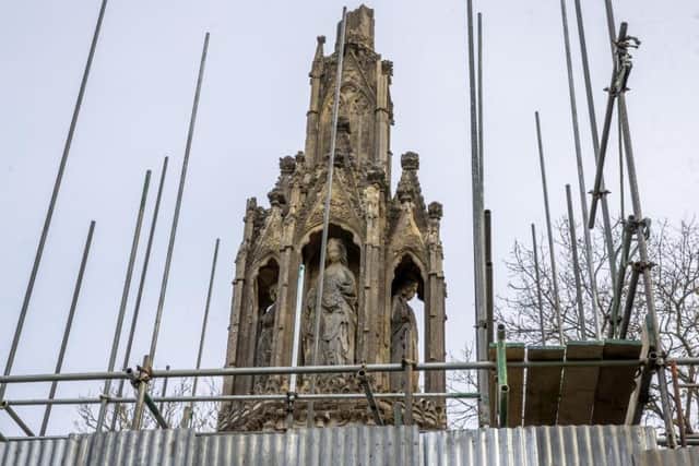 Scaffolding on the Hardingstone Eleanor Cross as repairs began in April