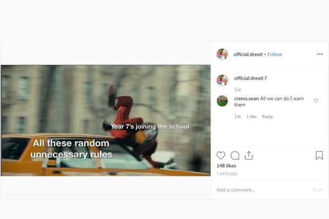 One of the memes on the 'Drexit' Instagram account, making fun of the new rules at Malcolm Arnold Academy