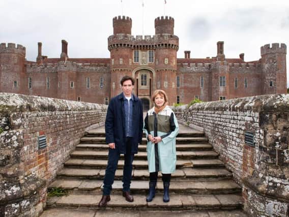 Landscape Artist of the Year presenters Stephen Mangan and Joan Bakewell at Herstmonceux Castle