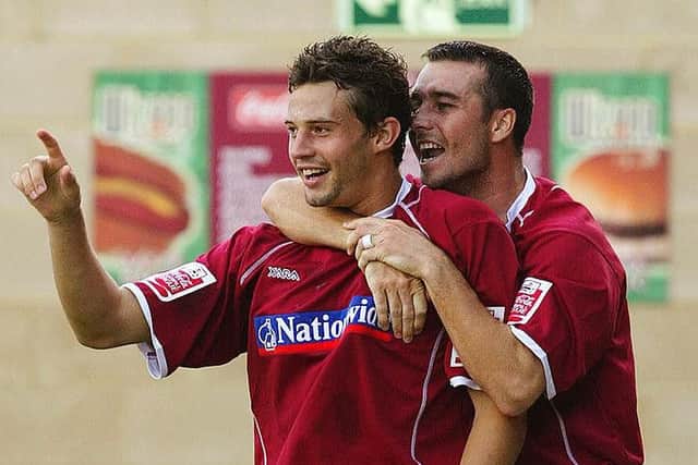 Marc Richards celebrates a goal with Scott McGleish