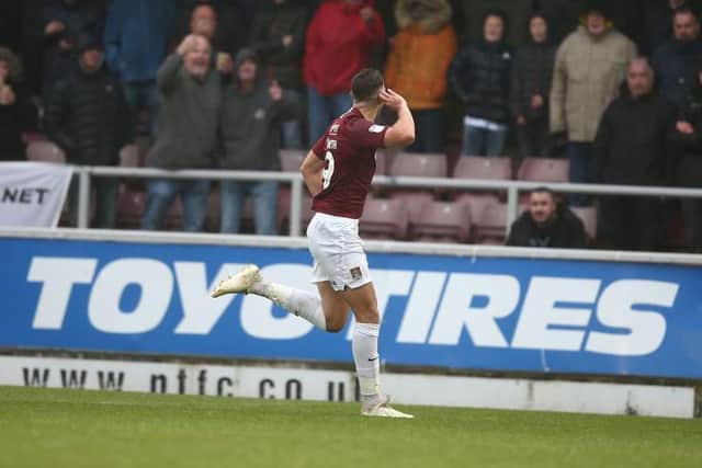 Harry Smith celebrates after firing the Cobblers ahead against Cambridge United (Picture: Pete Norton)
