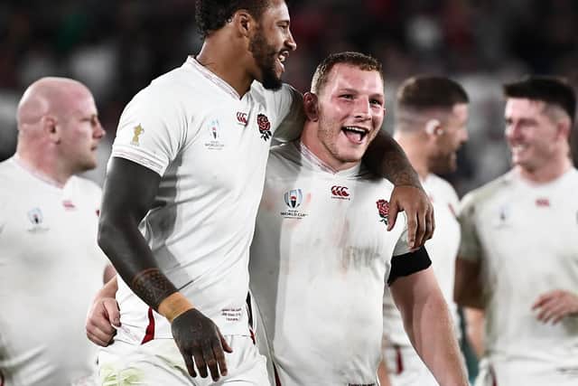 Saints ace Courtney Lawes celebrates England's World Cup semi-final win