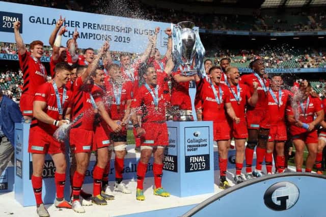 Saracens celebrate winning the 2019 Premiership rugby final at Twickenham