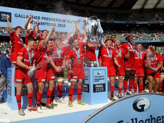 Saracens celebrate winning the 2019 Premiership rugby final at Twickenham