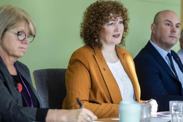 Chief executive Theresa Grant (centre) pictured at a budget press conference earlier this week. Picture by Kirsty Edmonds