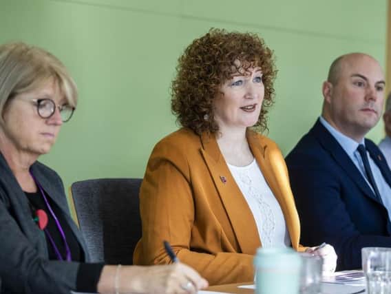 Chief executive Theresa Grant (centre) pictured at a budget press conference earlier this week. Picture by Kirsty Edmonds