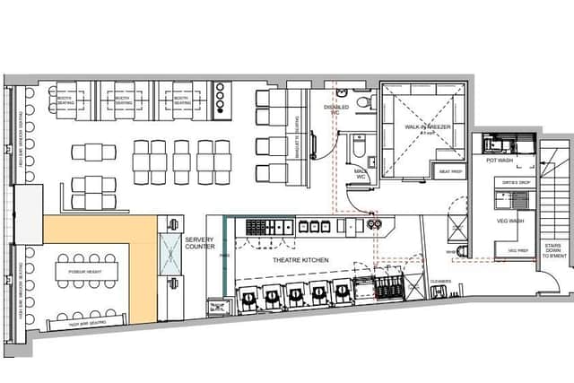 A floor plan for the new restaurant in the Drapery.