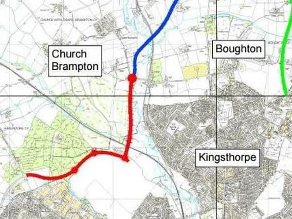 The North West Relief Road (red) is part of a series of proposed new roads in the north of the town alongside the Northampton Northern Orbital road (blue)