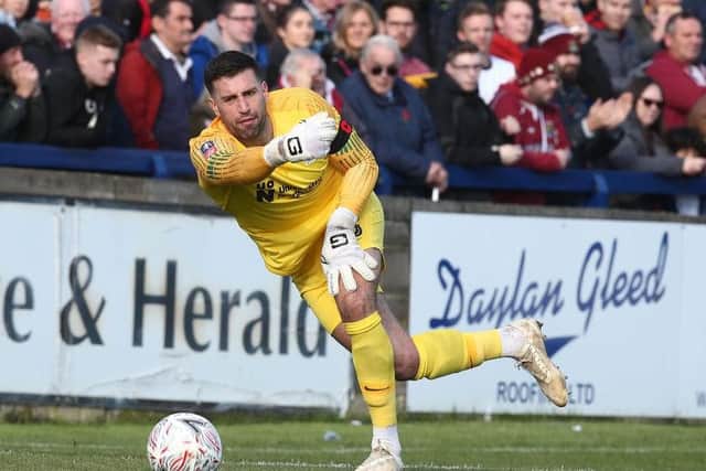 Steve Arnold had the 750 plus away supporters right behind his goal in the first-half. Picture: Pete Norton