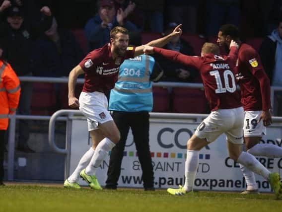 HOWZAT?! Andy Williams went with a cricket-style celebration after scoring against Crewe. Picture: Pete Norton