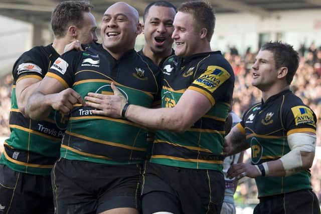 BACK IN THE OLD ROUTINE - Soane Tonga'uiha celebrates his try against London Irish (Picture: Linda Dawson)