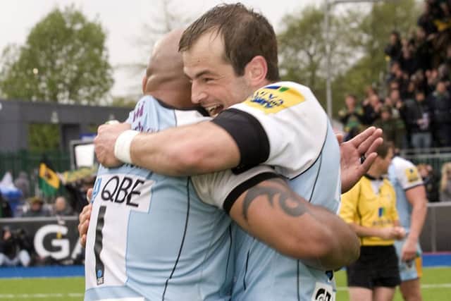 DELIGHT - Soane Tonga'uiha and Stephen Myler celebrate Saints' win at Saracens (Picture: Linda Dawson)