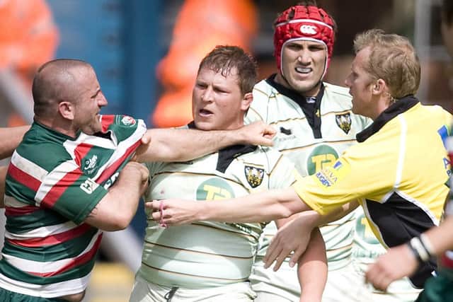MAN IN THE MIDDLE - Wayne Barnes deals with an issue during the Aviva Premiership semi-final between Leicester and Saints in 2011. He will be in charge of next week's final at Twickenham. (Picture: Linda Dawson)