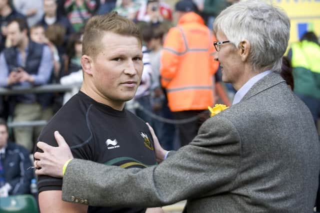 TOUGH DAY - Saints skipper Dylan Hartley is consoled by chairman Leon Barwell after the Premiership final defeat to Leicester (picture by Linda Dawson)