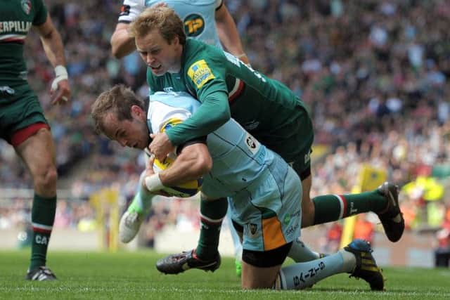 TRY GUY - Stephen Myler beats Mathew Tait to score at Twickenham on Saturday