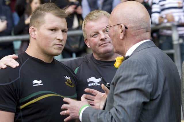 RALLYING ROUND - Dylan Hartley talks to Dorian West and Keith Barwell following Saturday's defeat (Picture: Linda Dawson)