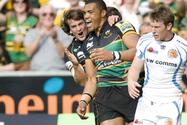TRY GUY - Luther Burrell celebrates scoring against Exeter at Franklin's Gardens last season (picture by Linda Dawson)
