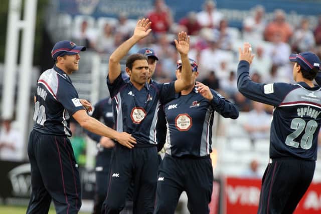 Muhammad Azharullah celebrates after taking the wicket of Varun Chopra