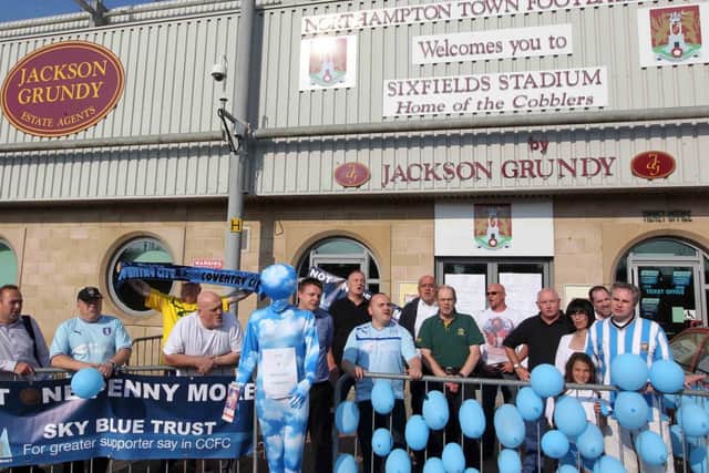 Coventry City supporters protest group Not A Penny More protest outside Sixfields Stadium