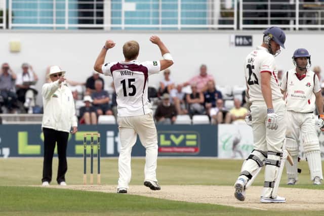 David Willey traps Wayne White lbw, a rare bright spot on a chastening day for the County