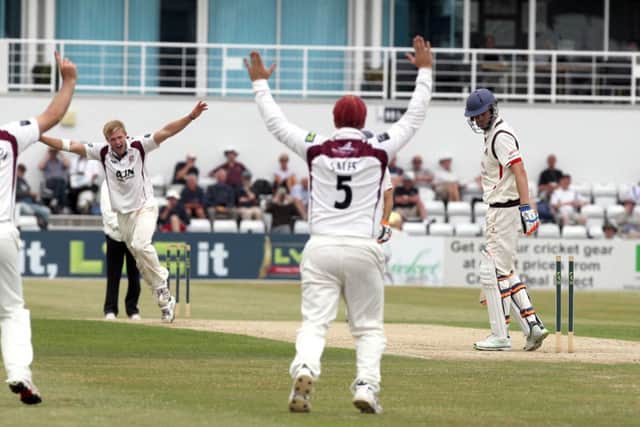 David Willey, who took 5-108, bowls Kyle Hogg for a duck