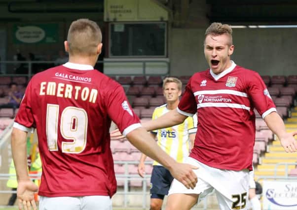 GOAL - Jacob Blyth celebrates after heading the Cobblers ahead at Sixfields (picture: Kirsty Edmonds)