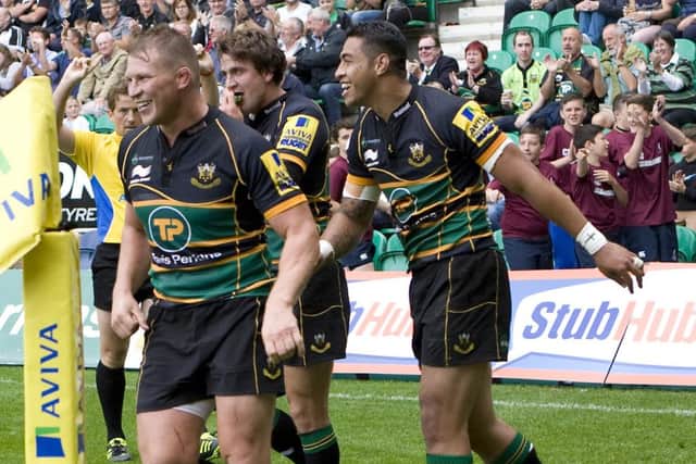 DREAM START - Saints celebrate one of their five tries during Saturday's win over Exeter Chiefs (Picture: Linda Dawson)