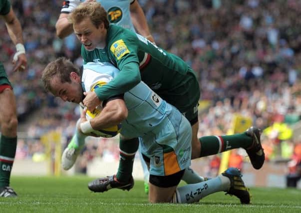 READY TO GO AGAIN - Stephen Myler scores his try in the Aviva Premiership Final against Leicester at Twickenham in May