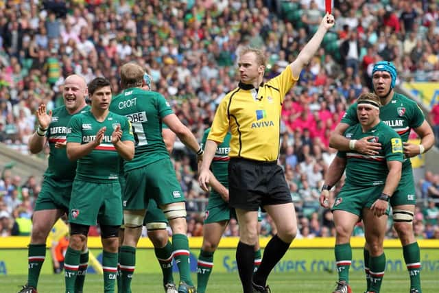 RED CARD GLEE - Dan Cole (far left) and his Leicester team-mates show their delight as referee Wayne Barnes dismisses Saints skipper Dylan Hartley in the Aviva Premiership Final at Twickenham in May (Picture: Sharon Lucey)