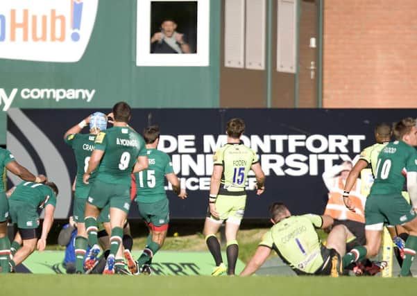 LATE RALLY - Leicester Tigers, with banned director of rugby Richard Cockerill watching from the window in the cabin behind the posts, score their dramatic late try against Saints (Picture: Linda Dawson)