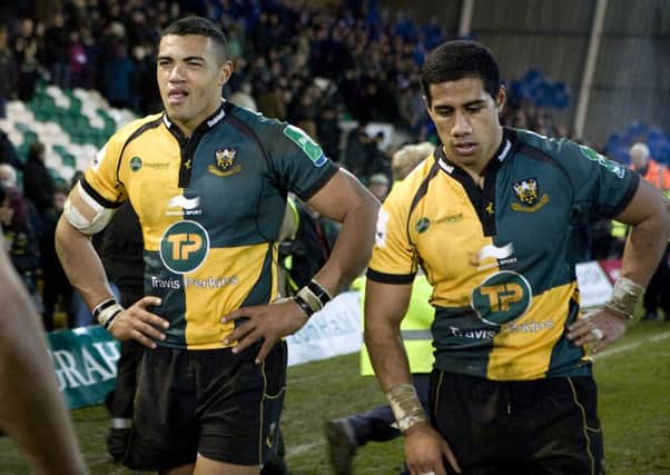 REELING - Luther Burrell and Ken Pisi show their disappointment after Saints' defeat to Leinster (Picture: Linda Dawson)
