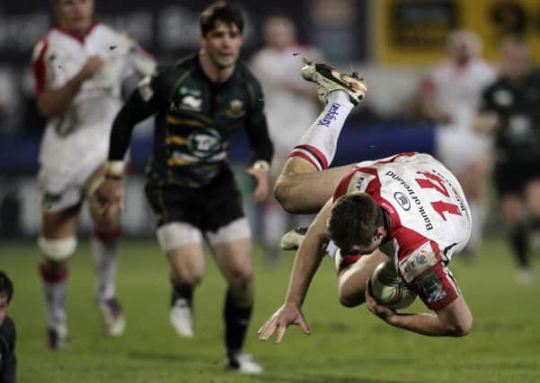 KEY MOMENT - Tommy Bowe was sent flying by a crucial Jamie Elliott tap-tackle as Saints won in Ulster last December
