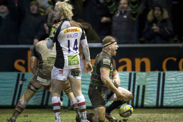 BIG-MATCH MOMENT - Dylan Hartley celebrates scoring his try in Friday night's win over Harlequins (Picture: Linda Dawson)