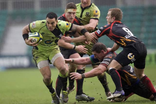 Kahn Fotuali'i goes forward for Northampton Saints at Newport (pictures: Linda Dawson)