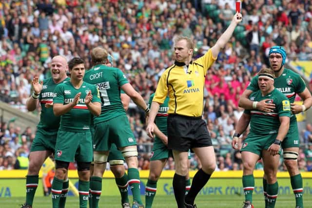 RED CARD DAY - Wayne Barnes dismisses Saints skipper Dylan Hartley in last season's Aviva Premiership final at Twickenham (Picture: Sharon Lucey)