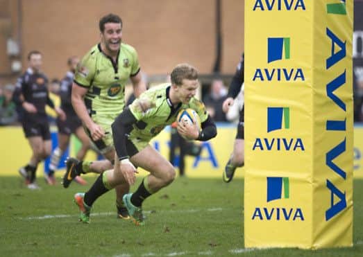 TRY DELIGHT - Tom Stephenson dives over for his score at Newcastle Falcons (Picture: Fatima Mirzai)