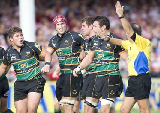 LATE DRAMA - the Saints forwards look on in dismay as Martin Fox awards a last-gasp penalty to Gloucester (Pictures: Linda Dawson/Hannah Weeley)