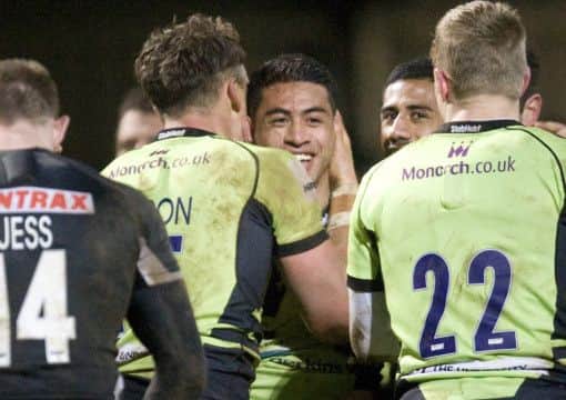 WINNING HISTORY - George Pisi is congratulated on his late try that helped seal the Aviva Premiership win at Exeter last month (Picture: Linda Dawson)