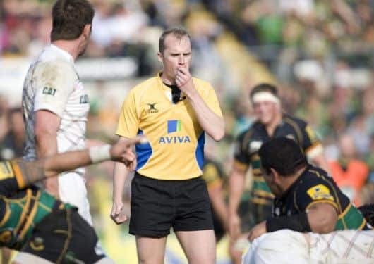 IN THE THICK OF IT - Wayne Barnes was at the centre of more east midlands derby controversy (Picture: Linda Dawson)
