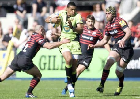 SETBACK - Luther Burrell finds himself outnumbered during Sunday's defeat at the hands of Saracens (Picture: Linda Dawson)