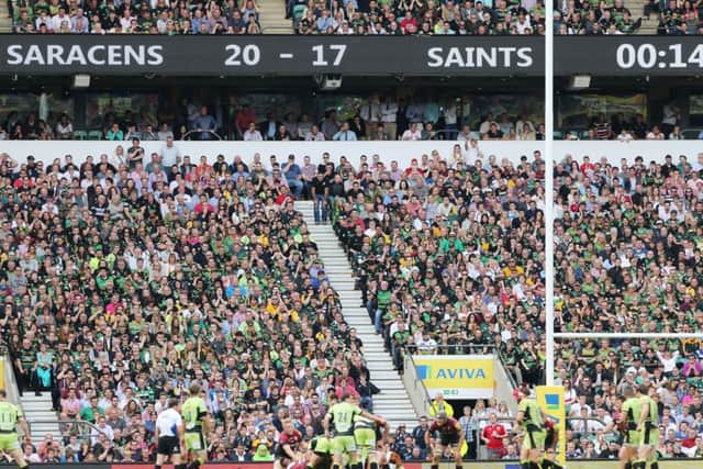 PRESSURE PLAY - as the clock ticks down, the Saints players push for their winning try against Saracens at Twickenham (Picture: Kirsty Edmonds)