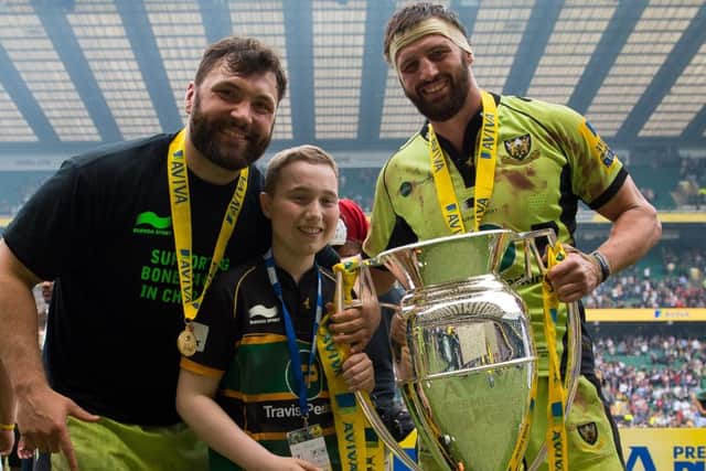 INSPIRATION - Luis Ghault with Alex Corbisiero and Tom Wood after the Aviva Premiership Final win over Saracens in May (Picture: Claire Jones)